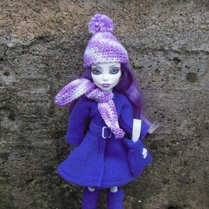 Winter set for Monster doll. MH doll outfit. Handmade. Set includes coat, leg warmers, handbag, hat, scarf and belt