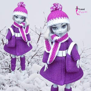 Winter set for Monster doll. MH doll outfit. Handmade. Set includes coat, leg warmers, handbag, hat, scarf and belt