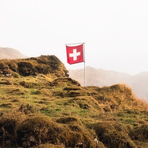Swiss Flag at the Peak Landscape Photograph, Triumphant, Soaring, Summit, Nature, Swiss Mountain, Atop the World, Wall Art, Large Print