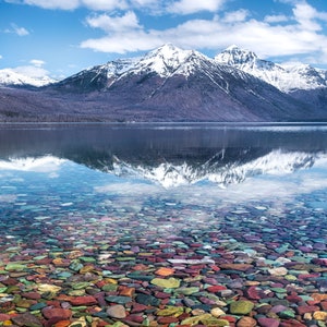 Glacier National Park Landscape Photograph, Clear Water, Colorful River Rocks, Reflection, Montana, Mountain Face, Wall Art, Large Print