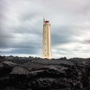 Iceland Lighthouse Photograph, Nautical, Minimalist, Simple, Rural, Countryside, Black Cliff, Ocean, Coastal, Nordic, Wall Art, Large Print