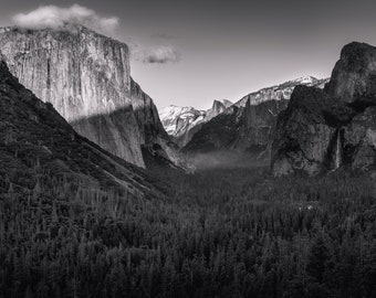 Tunnel View Yosemite Valley Landscape Photograph, Black & White, National Park, Mountains, Dramatic Sunset, Dramatic, Wall Art, Large Print