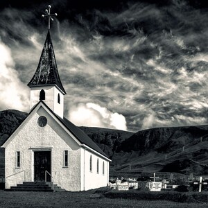 Old Church Iceland Photograph, Historic, Moody, Cloudy, Rural, Countryside, Small, Headstones, Mountains, Nordic, Wall Art, Large Print