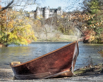 Biltmore Finca Fotografie, Asheville, hölzernes Ruderboot, Biltmore Lake, Vanderbilt, Landschaft, Biltmore House, Dorf, Wandkunst, Großdruck