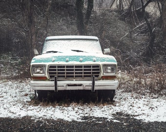 Snowy Classic Ford Truck Photograph, Classic, Rustic, Junk Yard, Rural, Pick Up, Americana, Teal Paint, Truck Art, Small Town, Large Print