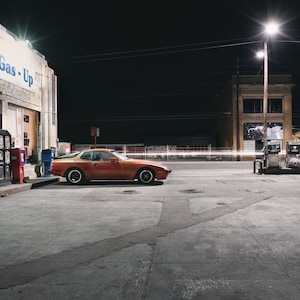 Gas-Up Photograph, Street photography, Night Photography, Light Trails, Gas Station, City Life, Porsche 944, Automobile, West Asheville