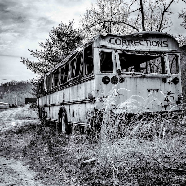 Come Correct Photograph, Prison Bus, Abandoned, Wrecked, Prisoner, Urban Decay, Fugitive, Black And White, Large Print, Wall Art