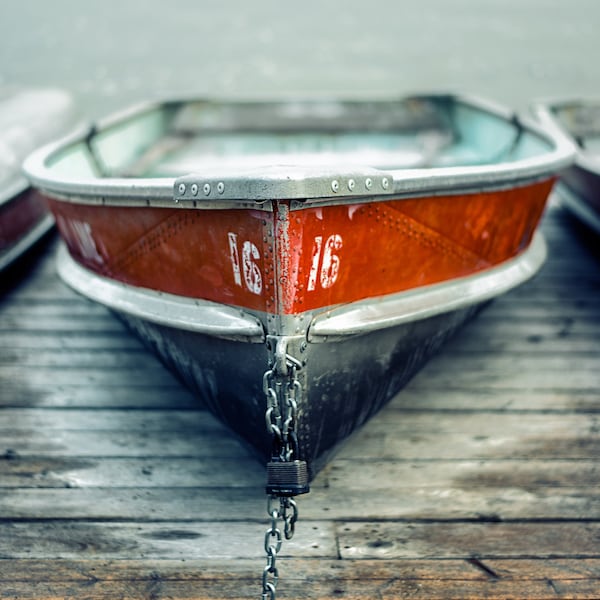 Red Boat Photograph, Rowing, Sixteen, Close Up, Lake, Nautical, Sea Life, Fishing, Water, Vibrant, Docked, Large Print, Wall Art