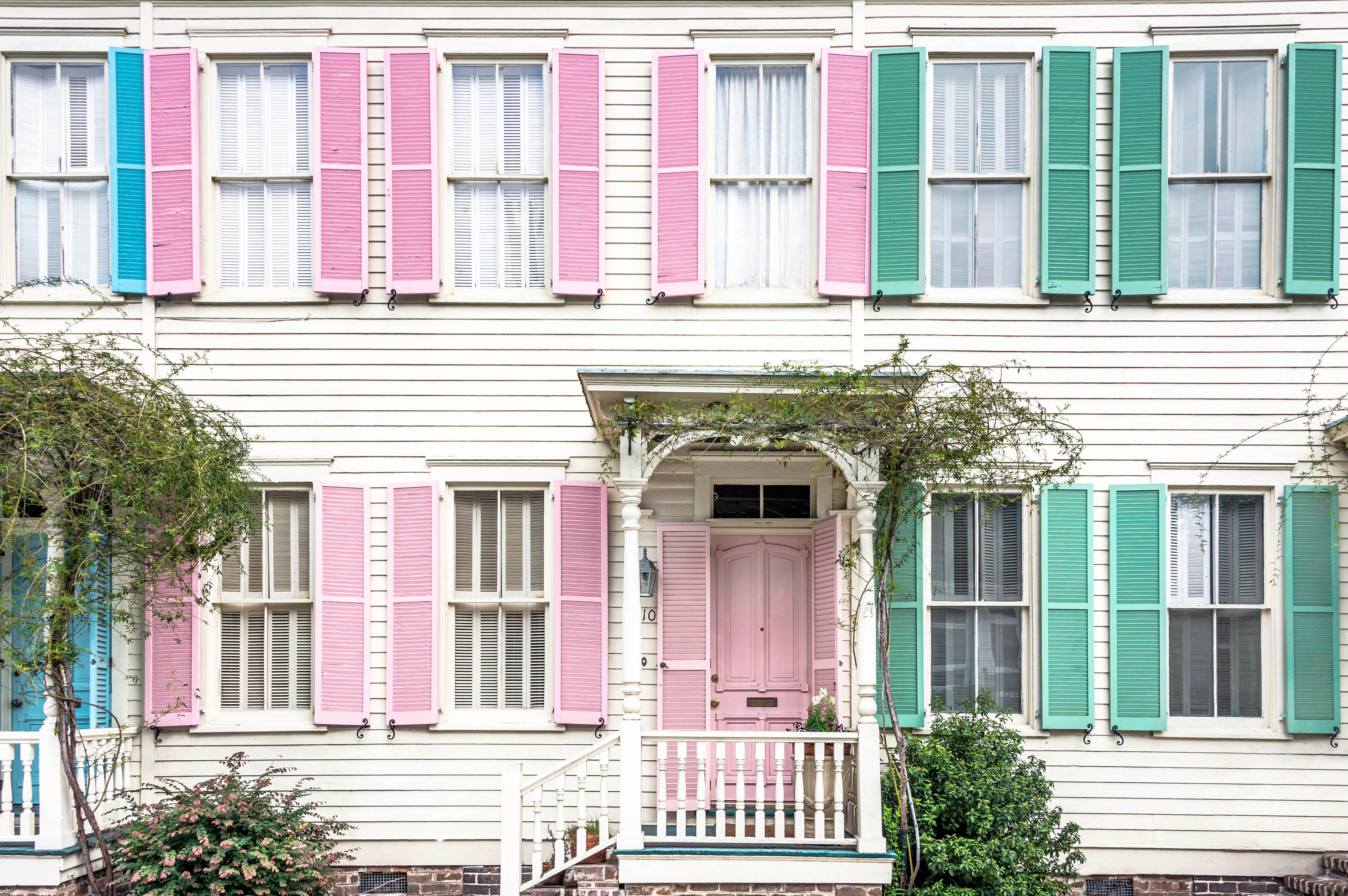 Rainbow Row Photograph, Colorful Buildings, Historic Savannah, Architecture, Pink, Green, Blue