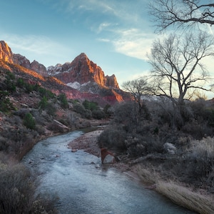 Zion Landscape Photograph, Utah, River, Sunset, Mountains, Serene, Fine Art, National Park, Bridge View, Wall Art, Large Print,
