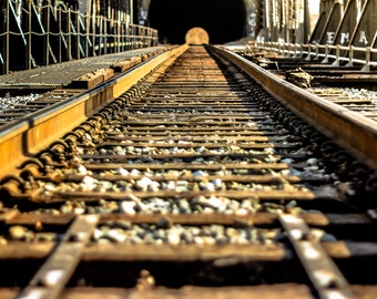 Railroad Photograph, Train Path, Tunnel, Golden Road, Sunset, Industrial, Graffiti, Vantage Point, Train Tracks, Large Print, Wall Art