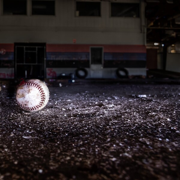 Play Ball Photograph, Industrial, Warehouse, Baseball, Urban, Abandoned, Dark, Past Times, Gritty, Light Play, Large Print, Wall Art