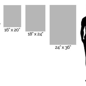 May include: A comparison of different sizes of framed prints, ranging from 8 inches by 10 inches to 24 inches by 36 inches. A silhouette of a person standing next to the largest print is shown for scale.