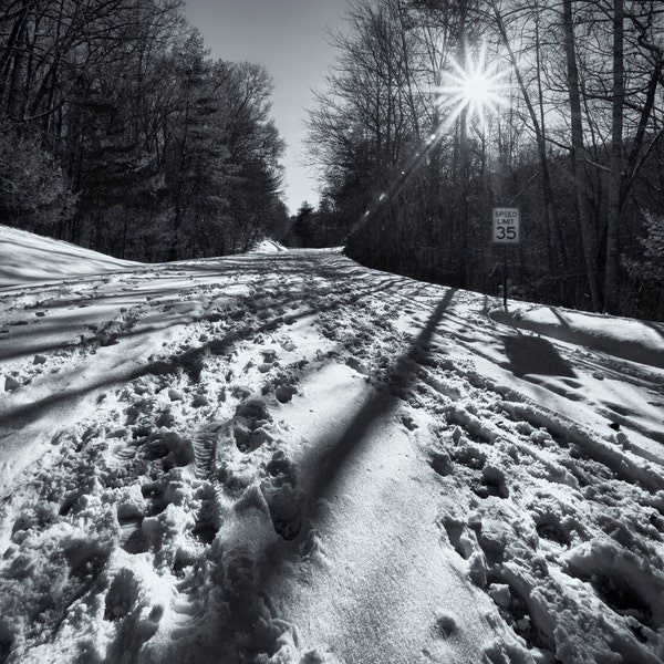 Snowy Road Photograph, Blue Ridge Parkway, Speed Limit, Storm, Sunburst, Sunny Winter, Trail, Footprints, Snow Day, Wall Art, Large Print