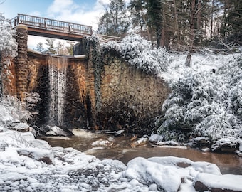Bass Pond Waterfall, Biltmore Estate, Asheville, Winter Landscape, Vanderbilt House, Nature, North Carolina, Snow Art, Large Print, Wall Art