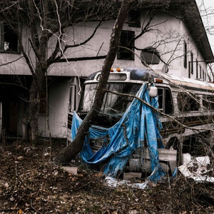 Tour Is Over Photograph, Wrecked Tour Bus, Abandoned, Travel Musician, Urban, Teal Blue, Old Vehical, Decay, Wall Art, Large Print