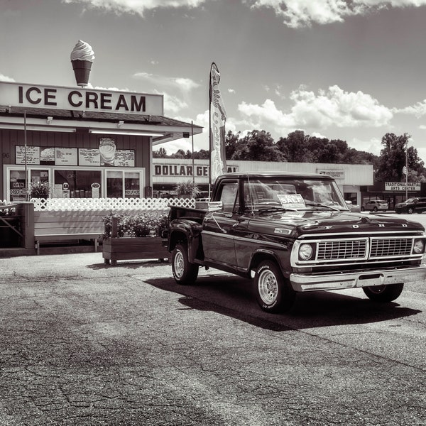 Ford Ice Cream Photograph, Norman Rockwell, Small Town, Black and White, Classic Truck, Americana, Country Life, Wall Art, Large Print