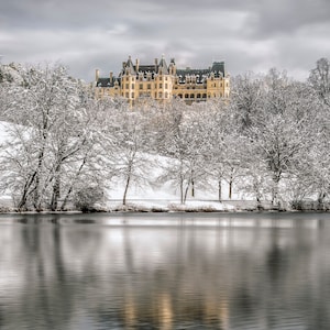 Biltmore Estate Photograph, Asheville, Winter, Water Reflection, Vanderbilt, Landscape, Snowfall, Scenery, Village, Wall Art, Large Print