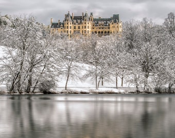 Biltmore Plant Fotografie, Asheville, Winter, Wasser Spiegelung, Vanderbilt, Landschaft, Schneefall, Landschaft, Dorf, Wandkunst, Großdruck