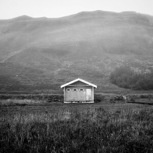 White Structure In Fog Iceland Photograph, Historic, Moody, Cloudy, Abandoned, Countryside, Decay, Mountains, Nordic, Wall Art, Large Print