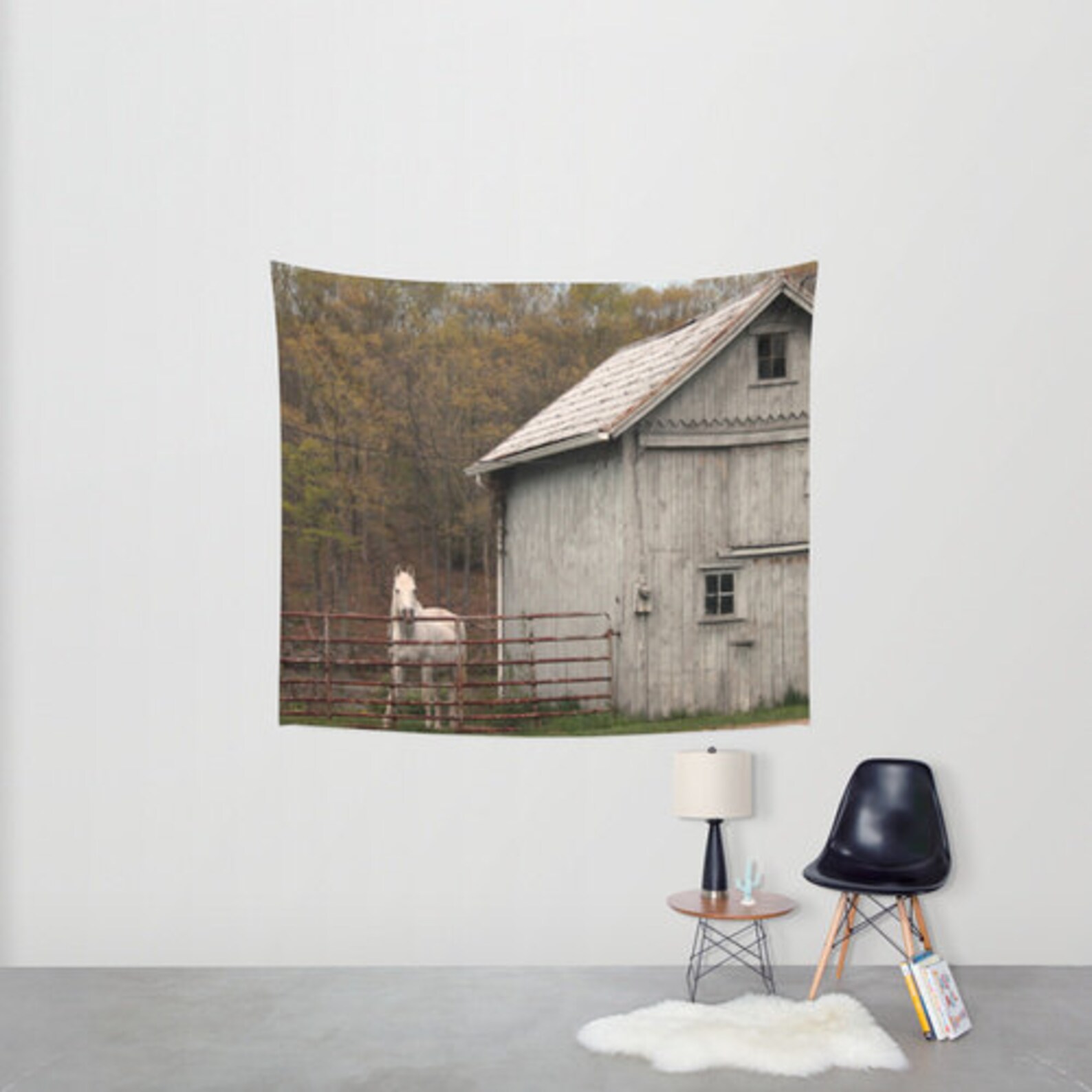 Granero y caballo tapices de pared ecuestre blanco gris | Etsy