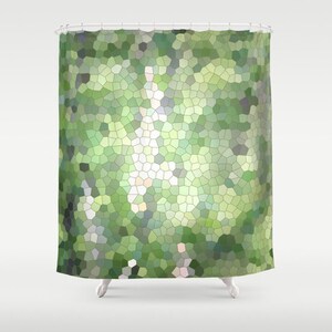 May include: Green shower curtain with a stained glass pattern. The pattern is made up of small, irregular shapes in shades of green, white, and blue.