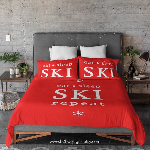 Skiing Duvet Cover Eat Sleep SKI repeat Skiing Pillowcase Eat Sleep Ski