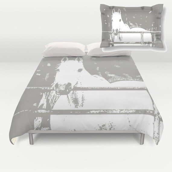 White Horse Duvet Cover Pillow Sham Grey Kids Decor Etsy