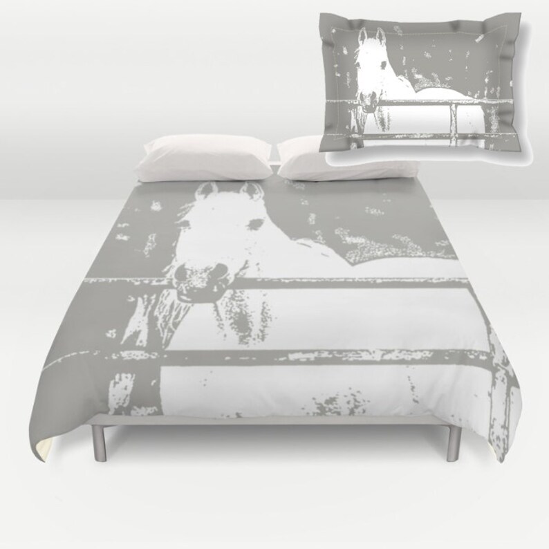 White Horse Duvet Cover Pillow Sham Grey Kids Decor Image 0