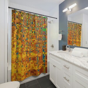 Klimt - Shower Curtain, Abstract Colorful Shower Curtain, Modern Bathroom Decor, Spring Decor, Yellow Orange Bath Curtain