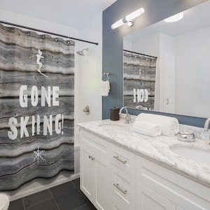 Gone Skiing Shower Curtain, White Tan Bathroom Curtain, Bathroom Ski Decor, Ski House Decor, Cabin Decor, Ski Lodge Decor, Skiing Gifts