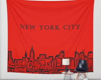 Manhattan Skyline Red, Wall Tapestry,New York, City,Modern Wall Art,Home Decor,Home Accessories,Bedroom Art,Unique Design, Wall Hanging