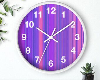 Blue, Purple and Lilac Wall Clock, Abstract Clock, Linear Design, Modern Clock, Retro Wall Clock, Round Clock Home Decor, Dorm Decor