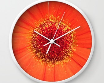 Blumen Orange, Foto Wanduhr, Moderne Uhr, Retro Uhr, Wohnkultur, Blumen Dekor, Runde Uhr, Blumenuhr, Wohnaccessoires, Inneneinrichtung