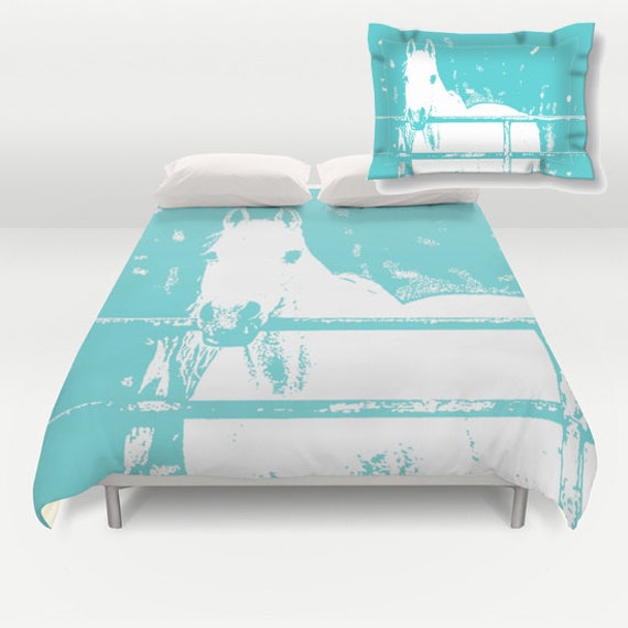 White Horse Duvet Cover Pillow Shamturquoise Kids Decor Etsy