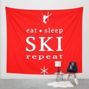 Skiing Wall Tapestry, eat sleep SKI repeat, Winter, Red, White, Modern Wall Art, Home Decor, Ski Lodge Decor, Ski Decor, Skier Gifts