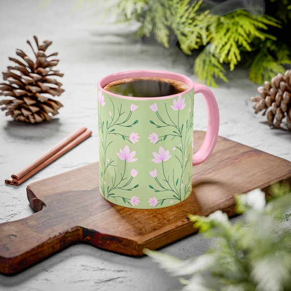 Vintage Rosa Blumenmuster Kaffeetasse - Niedliche Blumenmuster Tasse 11 Unzen, Rosa Keramiktasse für Tee & Kaffee-Liebhaber, Sommergeschenk, Küchendekoration