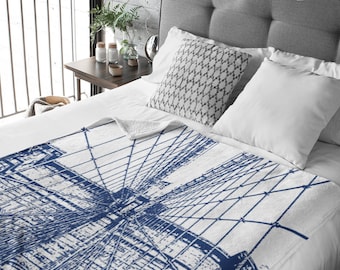 Brooklyn Bridge Throw Blanket, Modern Bedroom Decor, Urban, Blue Interior Design, Fleece Blanket, Home Decor, Gift, City Decor, Baby Blanket