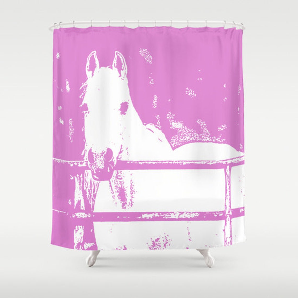 White Horse Shower Curtain Pink Animal Curtain Bath Etsy