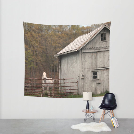 Barn And Horse Wall Tapestry Equestrian White Grey Modern Wall Art Home Decor Home Accessories Bedroom Art Unique Design Interior Design