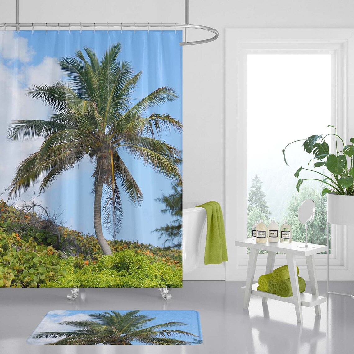 Palm Tree Bathroom Set Shower Curtain and Bath Mat Blue Etsy