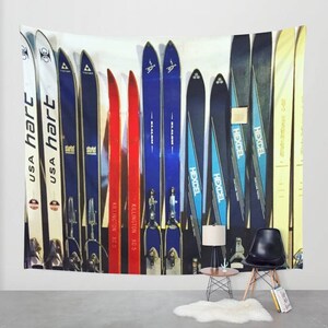 Vintage Ski Collection, Wall Tapestry, Skiing, Blue Skis, Red Skis, Modern Wall Art, Wall Hanging, Ski Home Decor, Bedroom Art, Ski Decor
