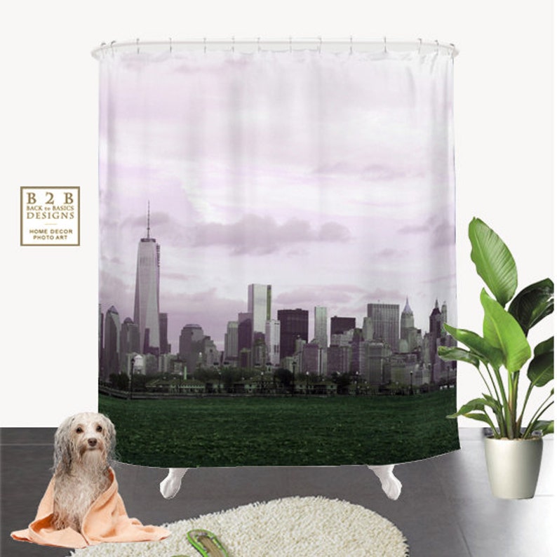 Manhattan Skyline Shower Curtaingreygreen City Bath Etsy