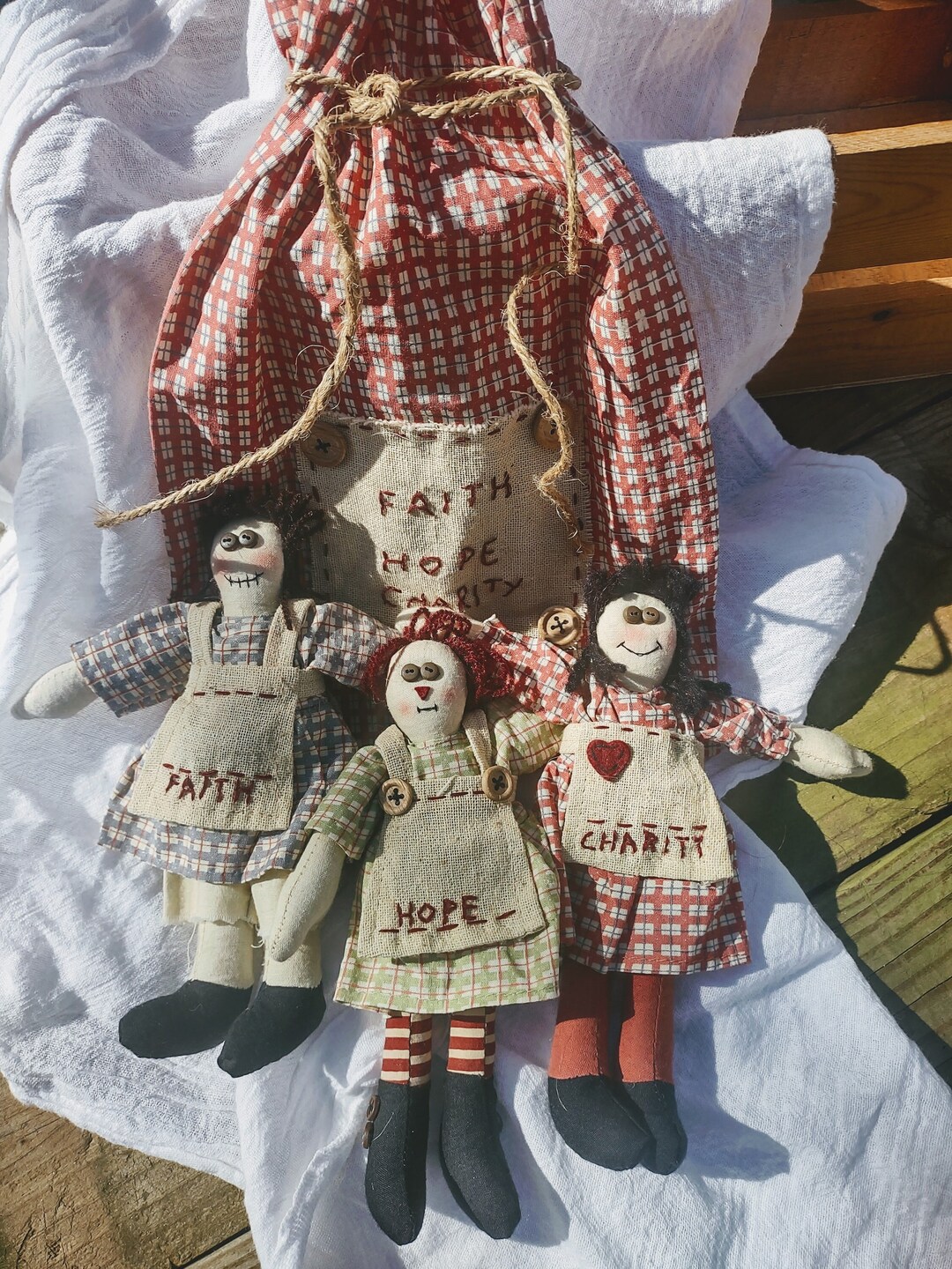 Faith Rag Prairie Dolls in A Pouch Rag Dolls Faith Hope Charity Dolls Raggedy Ann ...