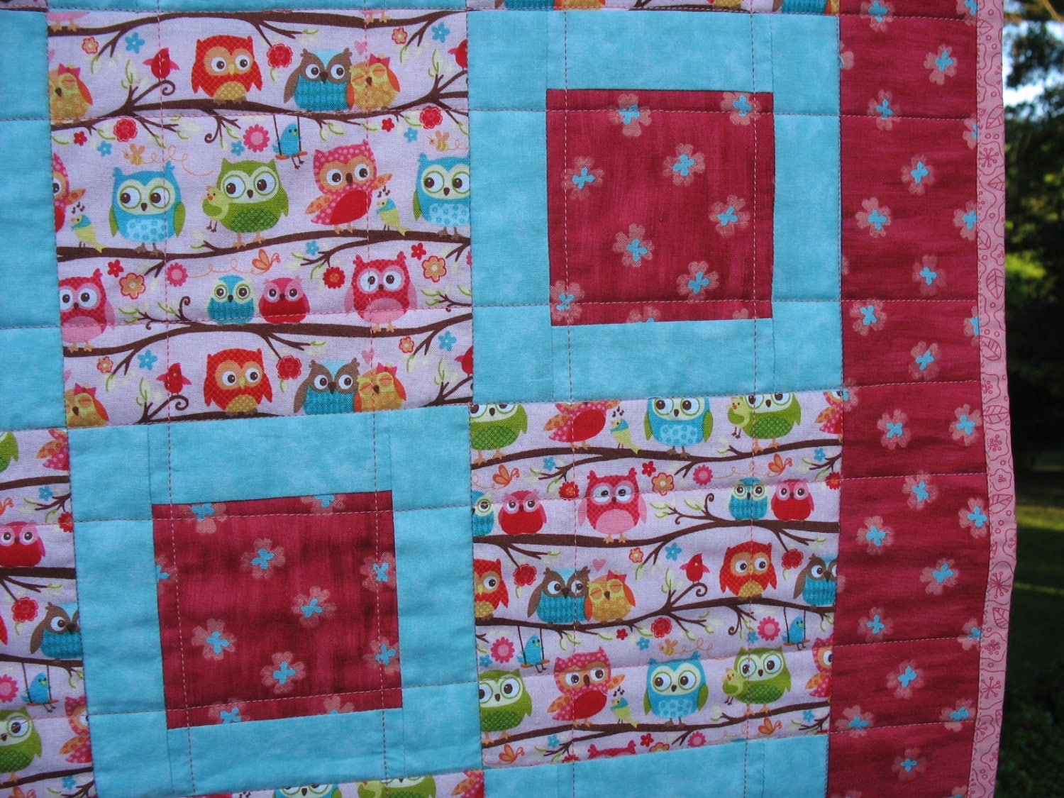 Owl Baby Quilt: Turquoise, Pink, and Rose - Handcrafted