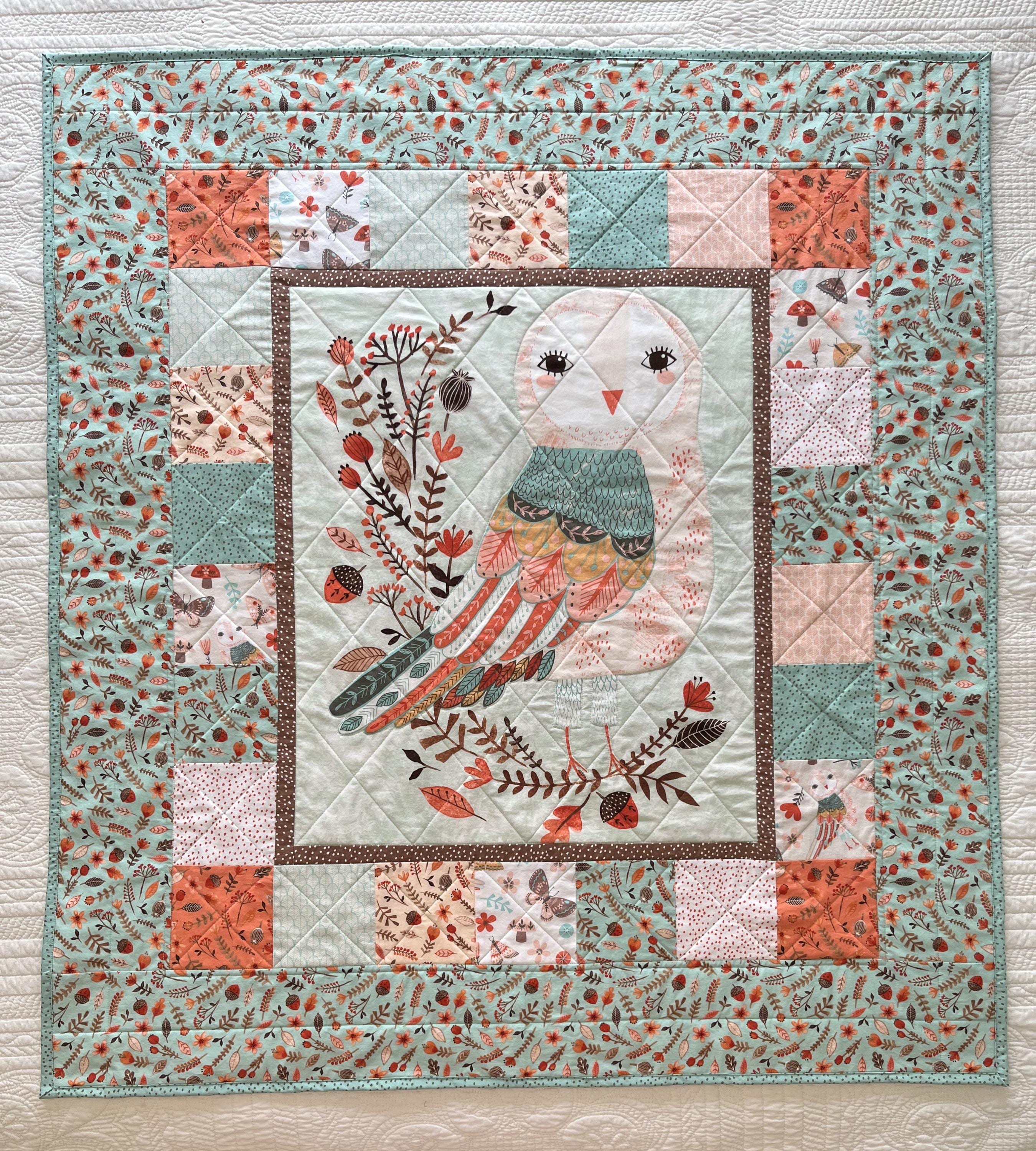 Forest Owl Baby Quilt: Aqua Peach Nursery Decor (36.5x40)