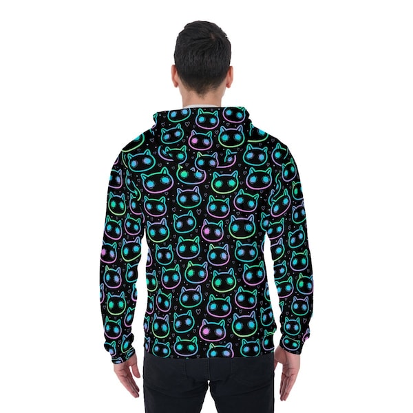 Neon cats All-Over Print Zip Up Hoodie avec poche, Unisexe Hoodie Design