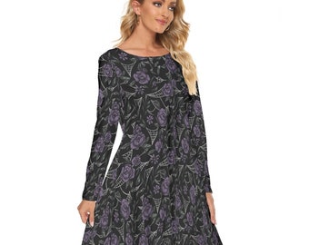 Purple Roses and cobwebs All over print women's crew dress with pockets