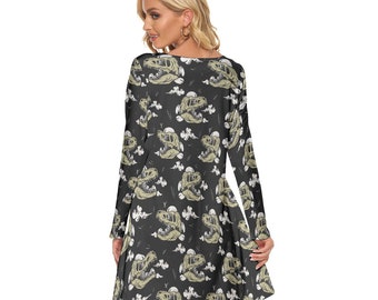 Dinosaur skull All over print women's crew dress with pockets