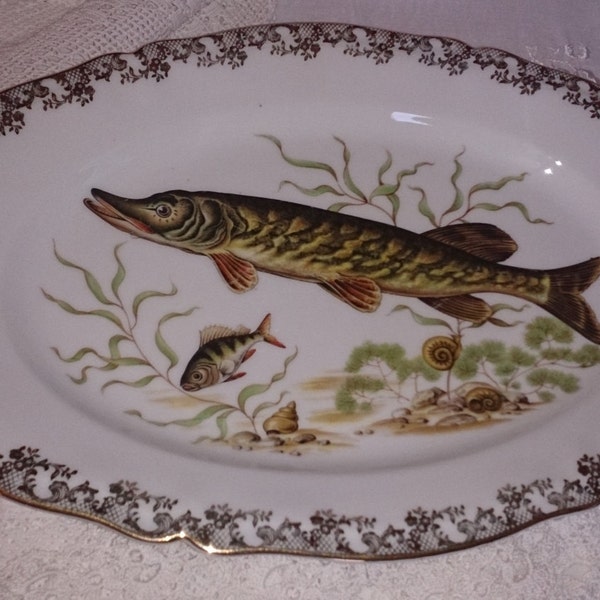 Very large oval Limoges china fish platter, decorated with a pike. Bright gold lacy chintz fluted border. Matches six plates listed.